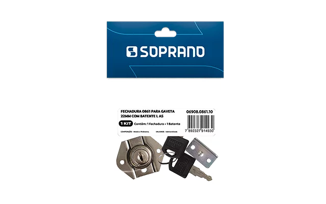 FECHADURA 0861 P/GAVETA 22MM 1 PC E BATENTE L 1 PC NI AS - Soprano